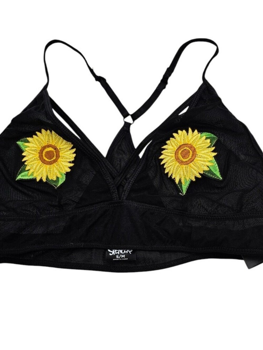 Vtg Y2K Spencers Gifts Sz S/M Barlette Bra Black w/ Sunflower Embroidered NEW